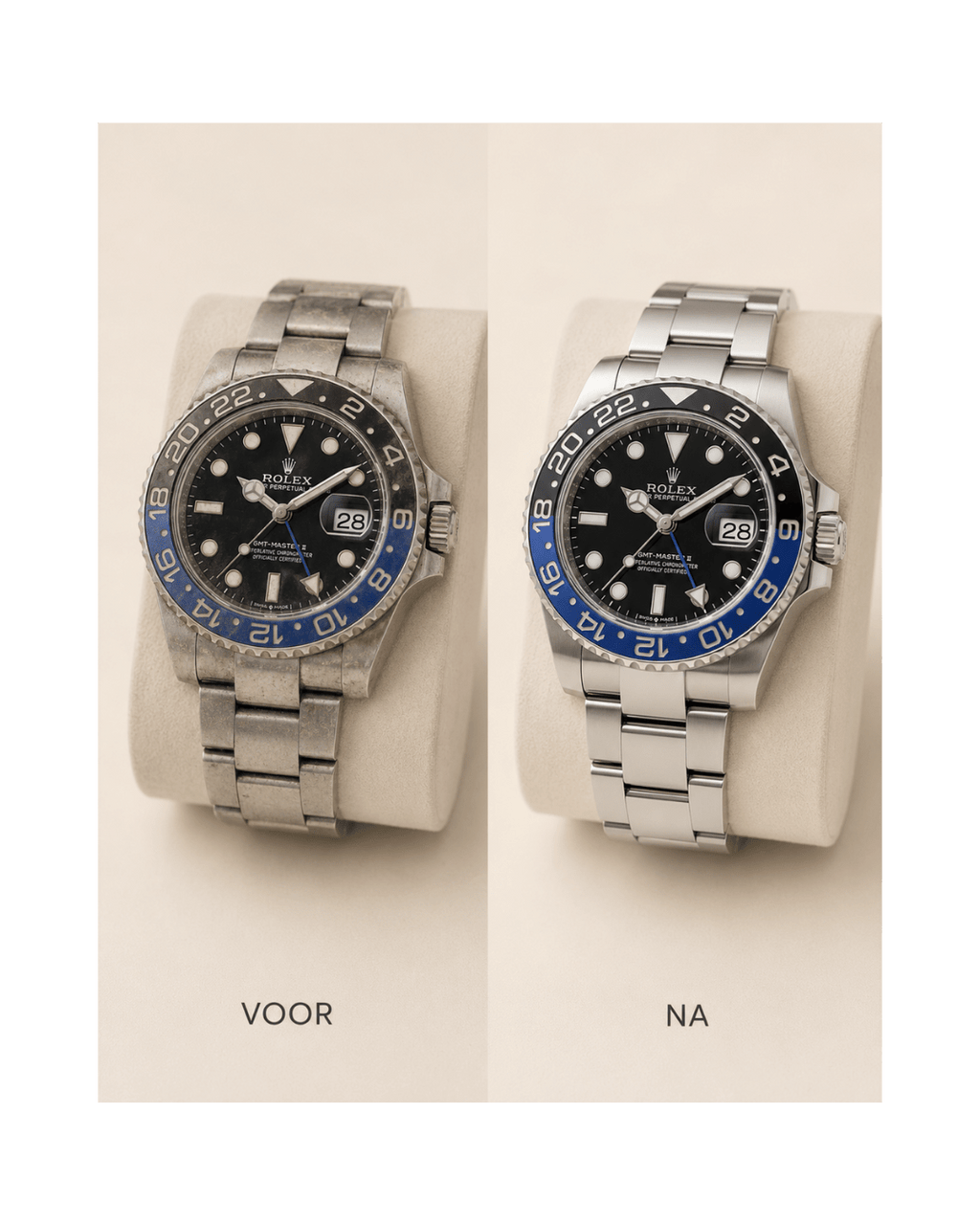 Voor en na horloge schoonmaken met Premium Watch Care horloge schoonmaakset